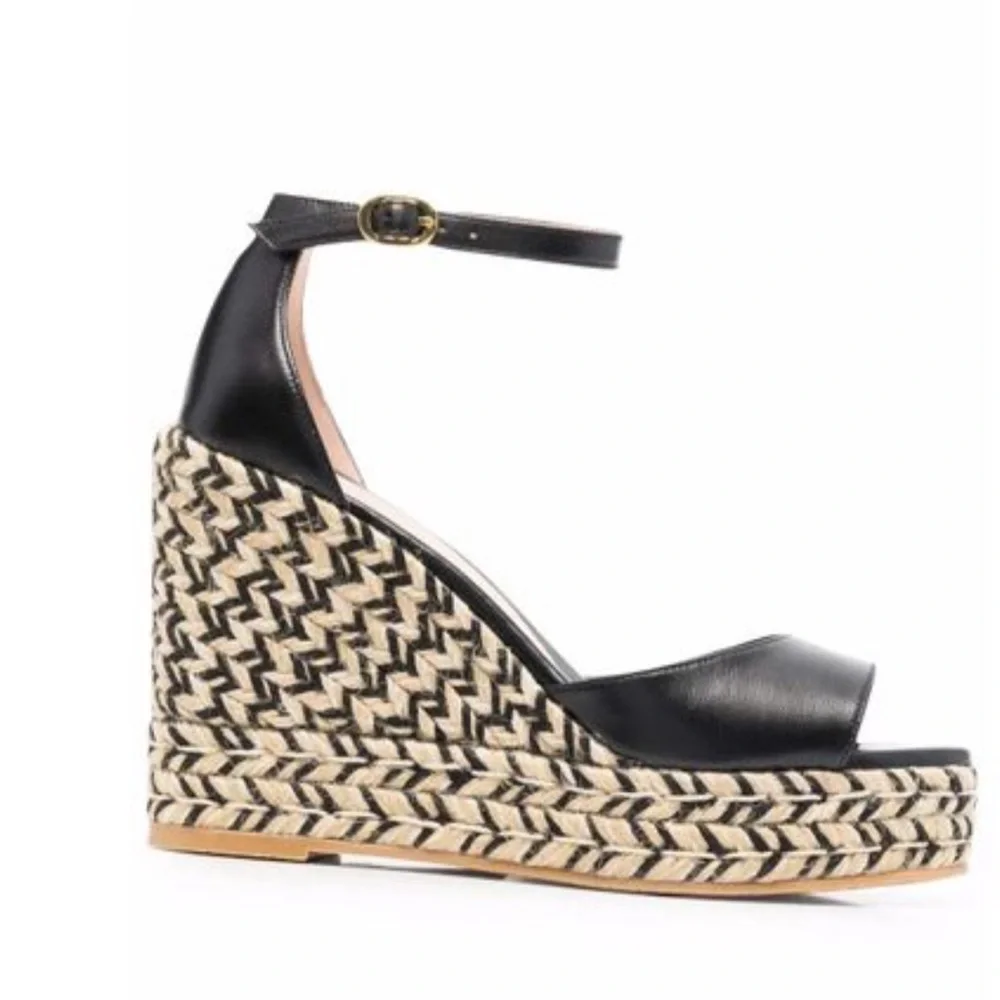 Stuart Weitzman Black Leather Espadrille Wedge Sandals